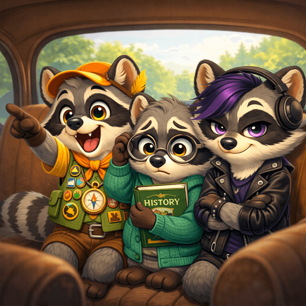 The three raccoon siblings in the backseat of a car at night: Scout pointing excitedly out the window, Skates reading by the dashboard glow, Macey in headphones watching the moonlit hills.